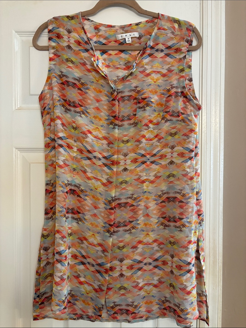 CAbi Multicolor Geometric Sleeveless Tunic - Coral, Yellow, Blue, Cream Medium